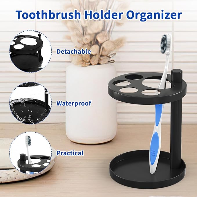 Toothbrush Holder Stand for Bathroom, Metal Stainless Steel Ventilated Organizer with Slots for Toothpaste, Electric Toothpaste,Bathroom Countertop Organizer,Footprint Base Design Black
