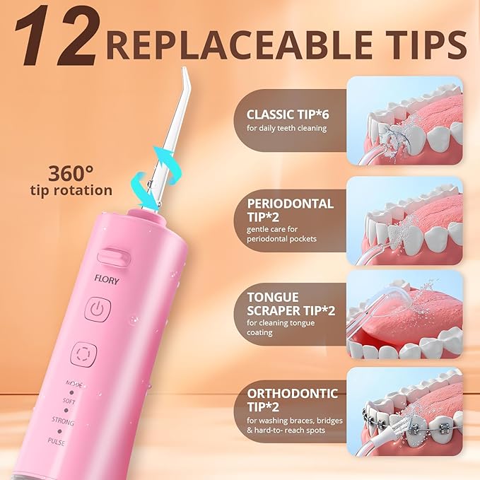 2 Pack Water Flosser for Teeth, Portable Cordless Water Dental for Couples, Travel Water Flossers with 3 Modes and 12 Tips, Rechargeable & IPX7 Waterproof, Travel Portable Dental Cleaner (Black&Pink)