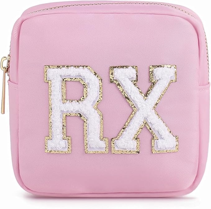 uekeboag Personalized Small Nylon Rx Cosmetic Bag, Cute Chenille Letter Patch Medicine Drug Pouch with Zipper,Preppy Makeup Travel Vitamin Bag for Women and Girls (Light Pink)