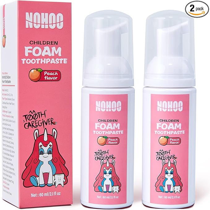 NOHOO Fluoride Free Foam Toothpaste Kids Peach Flavour,Natural Training Toothpaste for Baby Toddler Children Oral Cleaning and Cavity Protection(2 Pack)