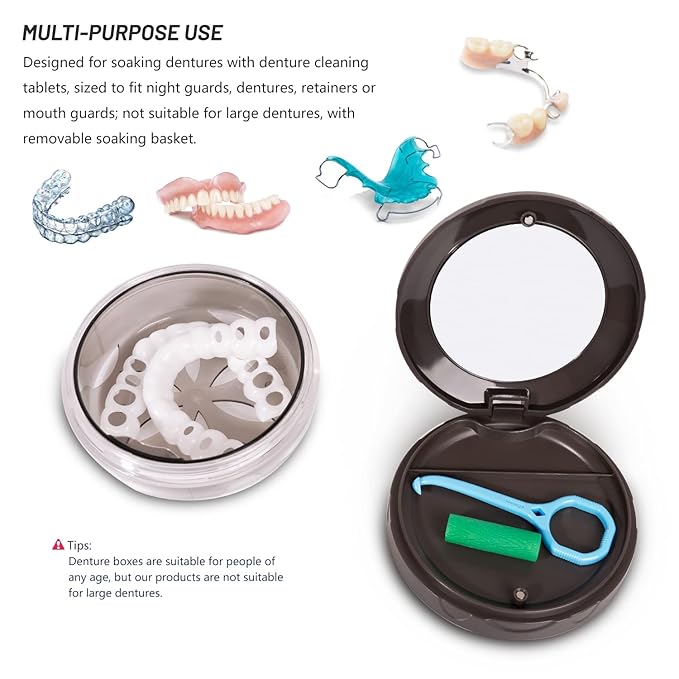 Denture Cup Retainer Case, No-Leak Denture Bath, Travel Case with Strainer & Mirror (Grey)