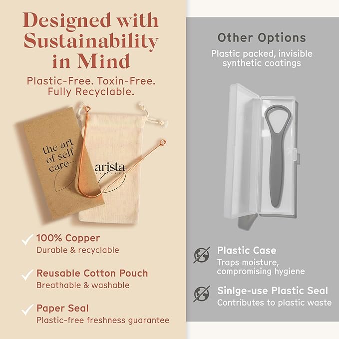 Arista 100% Copper Tongue Scraper for Adults & Kids – Metal Tongue Scraper Copper for Bad Breath, Oral Care & Hygiene – 2 Pack with Travel Pouches