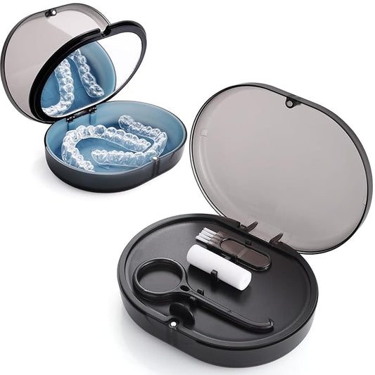 New Double-layer Retainer Storage Case with Belt Chewing,Removal Tool,Cleaning Brush,Built in Mirror Orthodontic Retainer Case