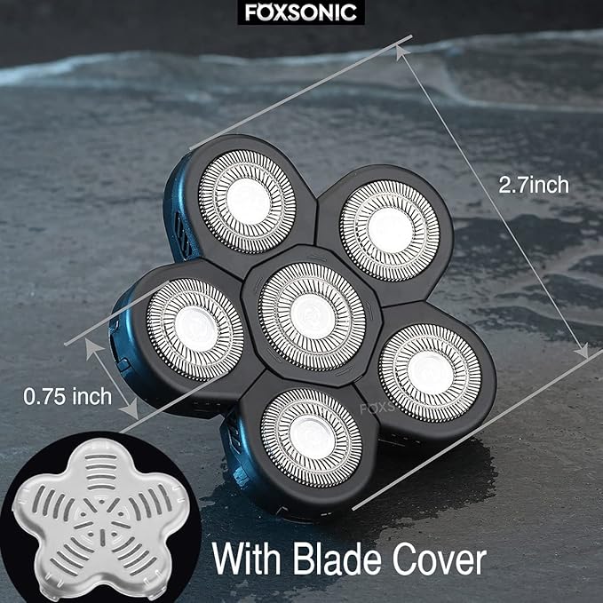 FOXSONIC Universal 6 Blade Replacement Heads for Mainstream Shaver Brands, Bald Shaver Replacement Heads with Blade Cover (Black)