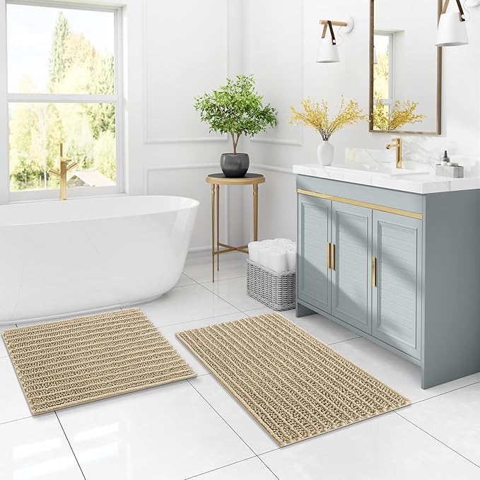 Arotive Luxury Chenille Bathroom Rug Mat, Extra Soft Thick Absorbent Shaggy Bath Rugs, Non-Slip Machine Wash Dry, Plush Bath Mats for Bathroom, Shower and Tub, 40x32, Beige