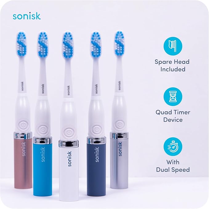 Sonisk Pulse | Battery Powered Electric Toothbrush | Sonic Technology | 1x Battery, 2X Brush Heads, 1x Travel Case Included | 31,000 Strokes Per Minute | Portable Size | Dusty Pink