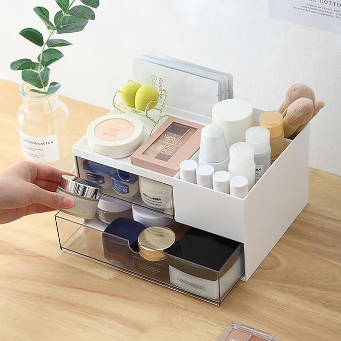 Makeup Organizer with 2 Drawers, Desk Organizer, 4 Compartments, Cosmetics Storage Box for nail polish,Lipstick, Brushes, Jewelry, Skincare, Bathroom Organization Boxes - White