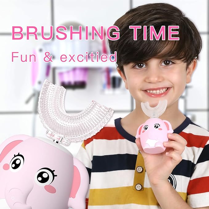 Kids Electric U Shaped Toothbrush Children Rechargeable Sonic Toothbrush with 4 Brush Heads Full Mouth 6 Cleaning Modes -(Age 8-15 Pink)