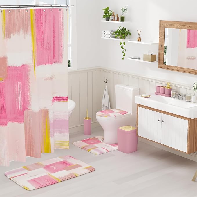 Bathroom Accessories Set - 25PC Bathroom Set with Shower Curtain and Rugs, Pink Bathroom Set, Bathroom Accessory Set with Press-on Lid Trash Can, Soap Dispenser and Qtip Holders