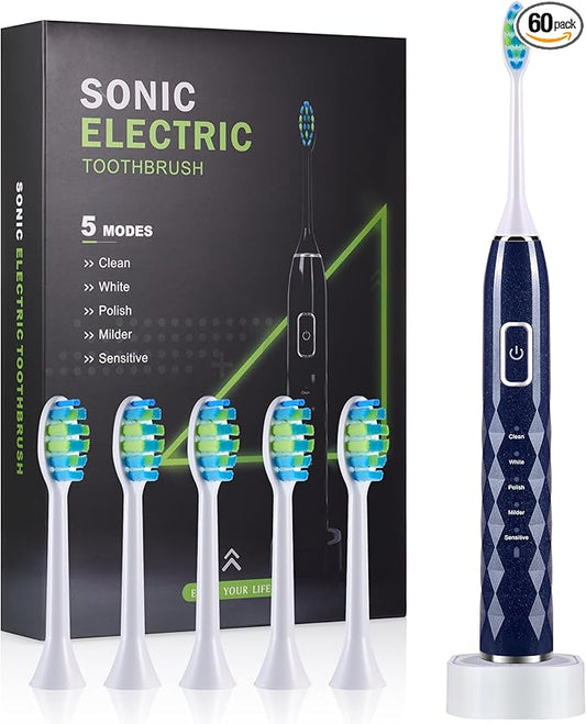 Sonic Electric Toothbrush for Adults - Deep Cleaning Teeth Whitening6 Replacement Brush Heads100-Day Battery5 Modes w/SensitiveIPX7 Waterproof (Color Options)