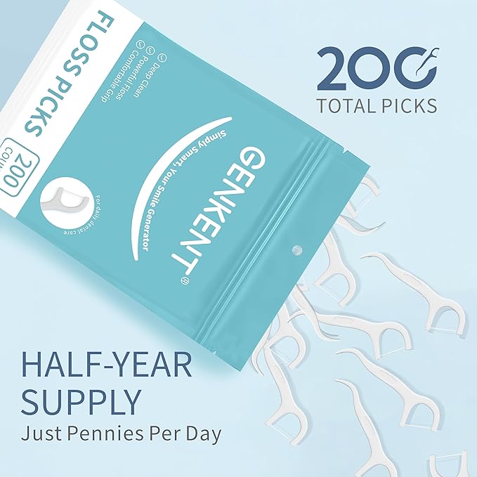 GENKENT Floss Picks, 200 Count Dental Tooth Picks Flossers, Teeth Cleaning Tools with Toothpicks