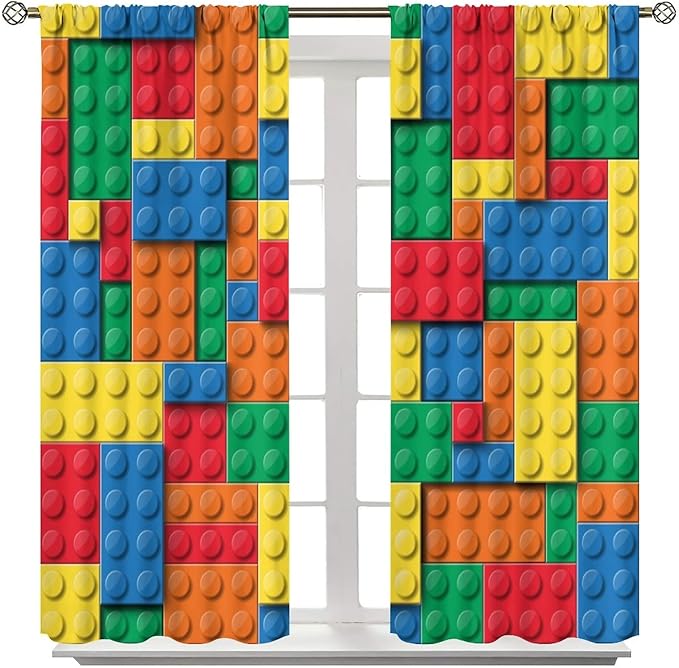 Building Block Toy Curtain Rod Pocket Children's Nursery Abstract Outline Colorful Toy Cartoon Theme Brick Geometric Print Curtain, Blackout Curtain for Boys and Girls Room 55x63in