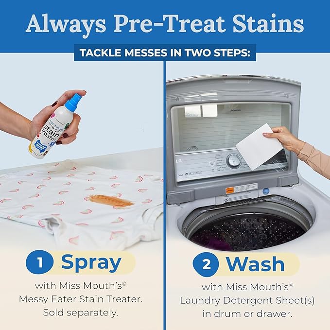 Miss Mouth's Messy Eater Laundry Detergent Sheets - 120 Loads Travel Friendly Detergent Sheets - Hypoallergenic, Sensitive Skin Safe, Pediatrician and Dermatologist Tested, Fragrance Free