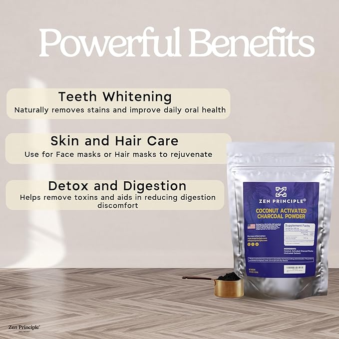 Zen Principle Coconut Activated Charcoal Powder. Whitens Teeth, Rejuvenates Skin and Hair, Supports Better Digestion. USA-Owned Producers, 2.5 lb