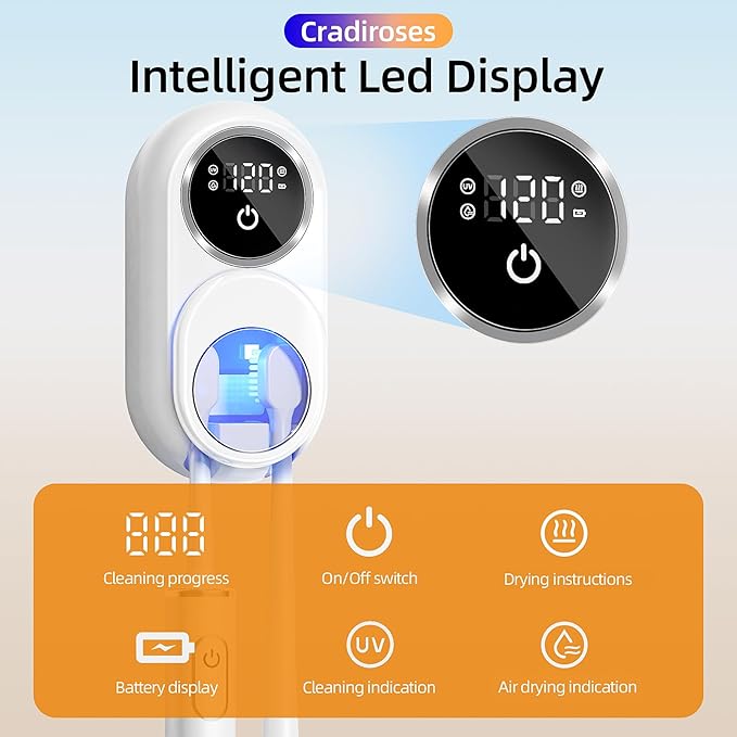 UV Toothbrush Sanitizer Holder 2 Slots (White): Wall Mount for Bathroom, Rechargeable, LED Smart Screen, Heated Fan Drying for Home/Travel