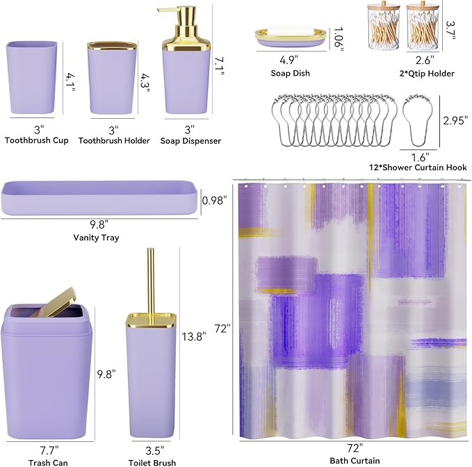 Purple Bathroom Accessories Set, Bathroom Sets with Shower Curtain, Purple Bathroom Accessories with Trash Can, Soap Dispenser, Soap Dish, Toilet Brush Holder, Qtip Holders for Bathroom