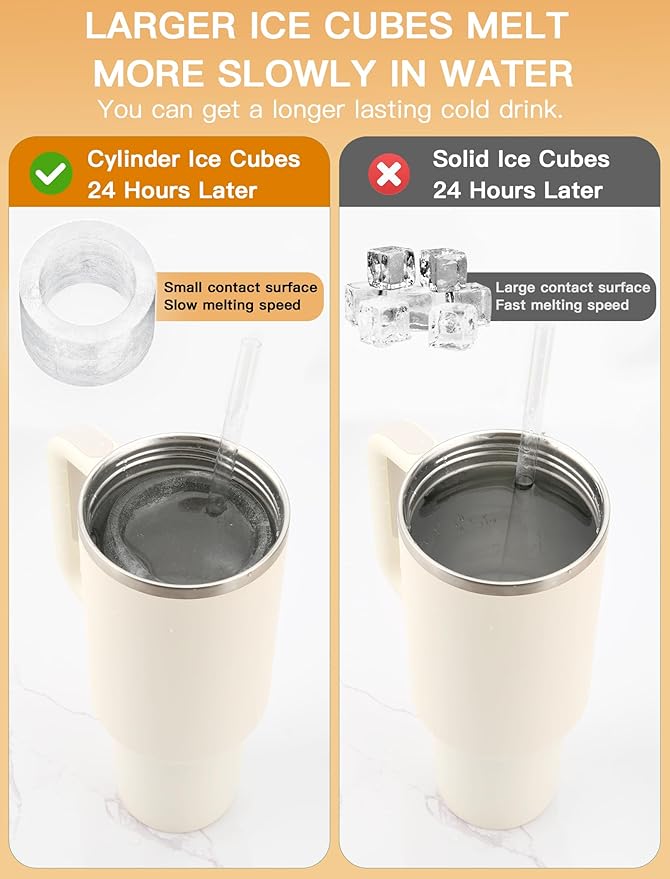 Ice Cube Tray for Tumbler Cup 30Oz-40Oz, 3 Pcs Silicone Cylinder Ice Mold with Lid and Bin for Freezer, Easy Fill and Release Ice Maker for Whiskey, Cocktail BPA-Free (Yellow, 40Oz-Type1)