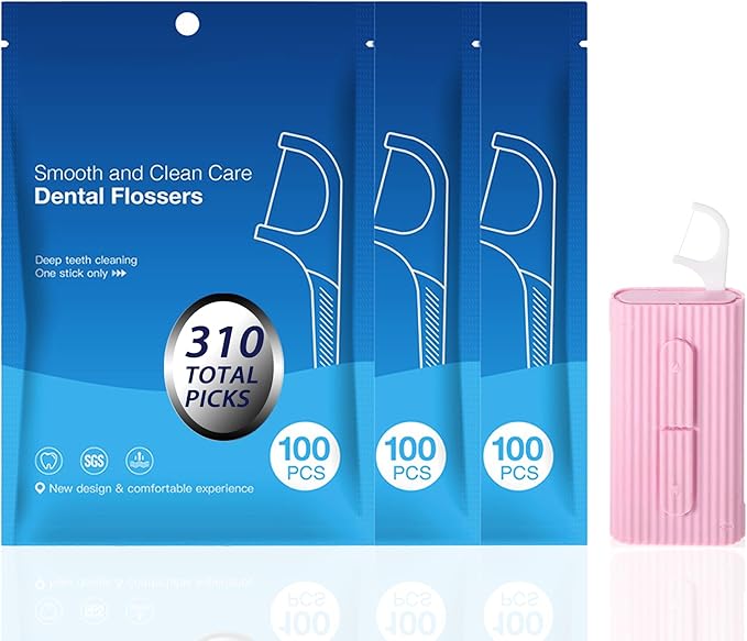 3 Bags of Dental Floss Picks & Dental Floss Case: Pop-Up Floss Pick Dispenser and Refill Bags, Portable Travel Organizer Case & Bulk Dental Floss Picks for Home and Travel Teeth Cleaning, Pink