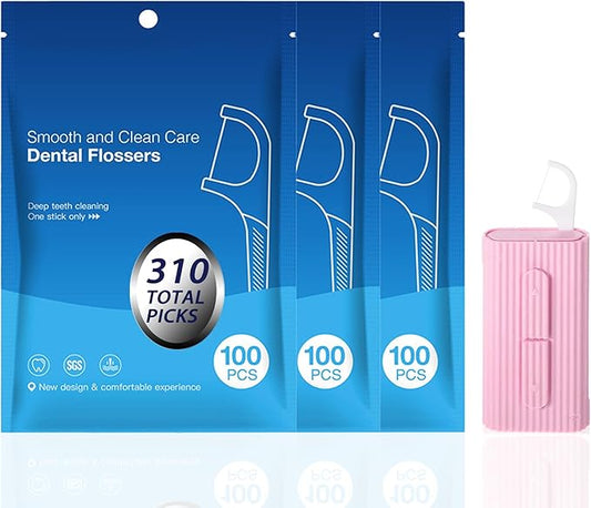 3 Bags of Dental Floss Picks & Dental Floss Case: Pop-Up Floss Pick Dispenser and Refill Bags, Portable Travel Organizer Case & Bulk Dental Floss Picks for Home and Travel Teeth Cleaning, Pink
