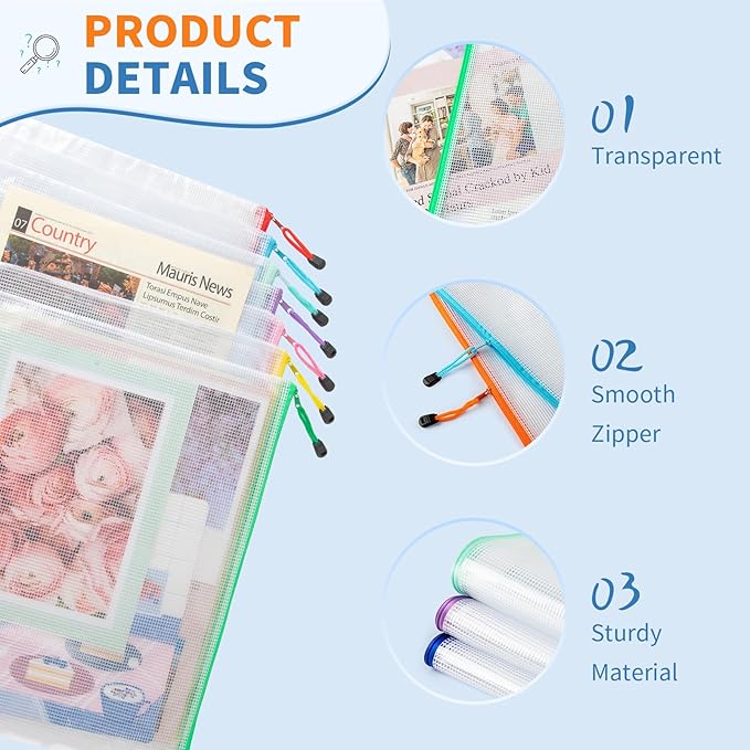 Umriox 16 Pack Large Zipper Bags 16.9x12.4 in, A3 16 Colors Mesh Zipper Document Pouch for Organizing, Storage Bags with Zipper for Board Game, Puzzles, Sewing Project, Travel Supplies