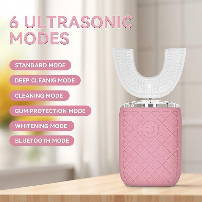 yeklike Adult Sonic Automatic Electric Toothbrush, 360° Oral Cleaning Stain Whitening, IPX7 Waterproof Rechargeable, u-Shape Brush Head*3+Straight Handle Brush Head*2