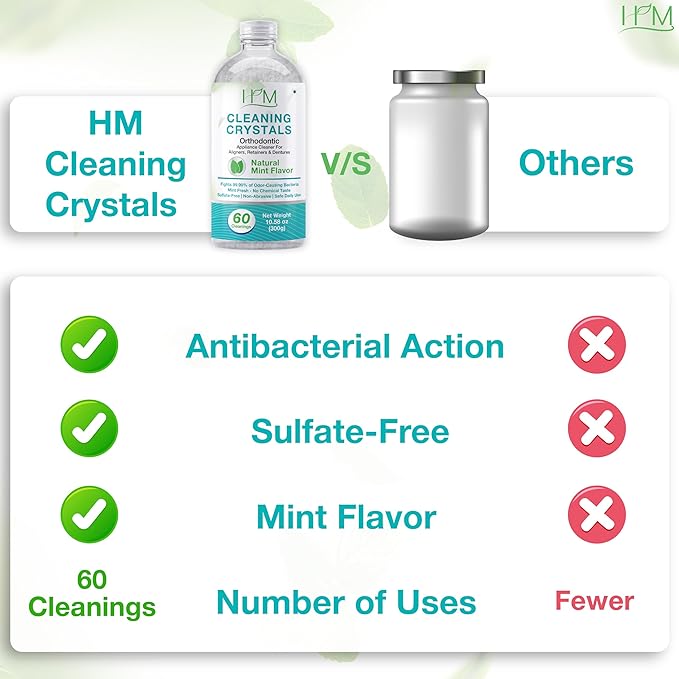 Happy Moms HM Cleaning Crystals for Aligners, Retainers & Dentures – Natural Mint Flavor | Eliminates Odor & Freshens | Sulfate-Free, Non-Abrasive Daily Appliance Cleaner – 60 Cleanings (300g)