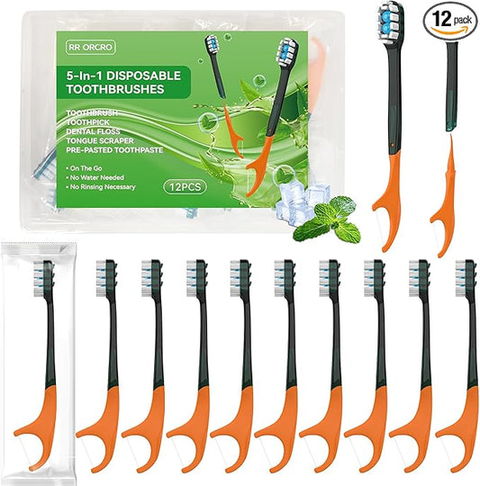 12Pack Disposable Toothbrushes with Toothpaste All-in-One Oral Care Prepasted Individually Wrapped 5-in-1 Mini Toothbrush with Toothpick, Flosser, Tongue Cleaner, Perfect for Travel & On-The-Go