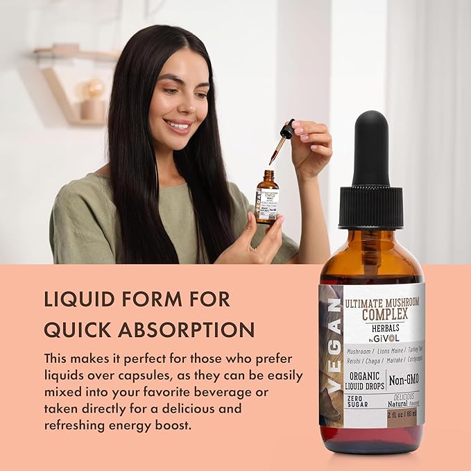 Ultimate Immune Mushroom Complex Liquid Drops: Dynamic Herbal Blend for Enhanced Performance & Energy, Fresh Lion's Mane, Reishi, Chaga Extracts, Vitamins, 60 Days Supply