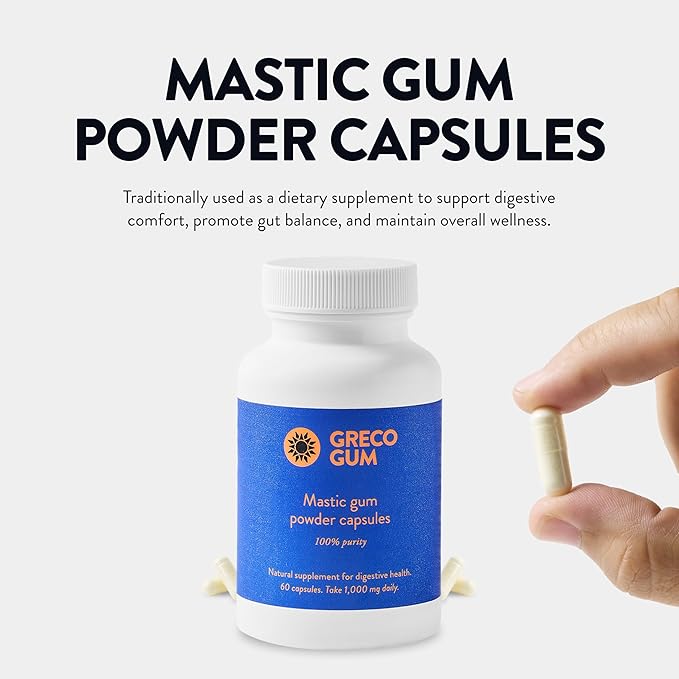Mastic Gum Capsules 500 mg – Greek Chios Mastiha Supplement for Gut Health, Digestive Support and Bloating Relief – Pure Mastic Gum Powder – Vegan, Gluten-Free, No Fillers – 60 Count
