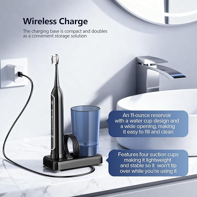 Electric Toothbrush with Water Flosser – 3 Sonic Toothbrush Modes & 5 Water Flossing Pressure – Fast Charging & IPX7 Waterproof – Portable Travel Case Included, Black