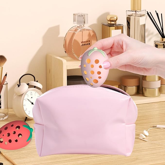 2PCS Makeup Sponge Holder for Women–Cute Strawberry Shaped Makeup Blender Holder,Double-Sided Breathable Silicone Case for Travel or Daily Use