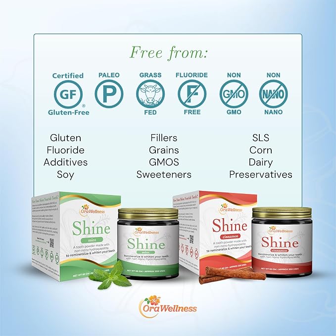 OraWellness Shine Remineralizing Tooth Powder with Hydroxyapatite, Made in The USA, Fluoride Free Tooth Repair, Natural Teeth Whitening Powder, Teeth Polish & Stain Remover, Mint