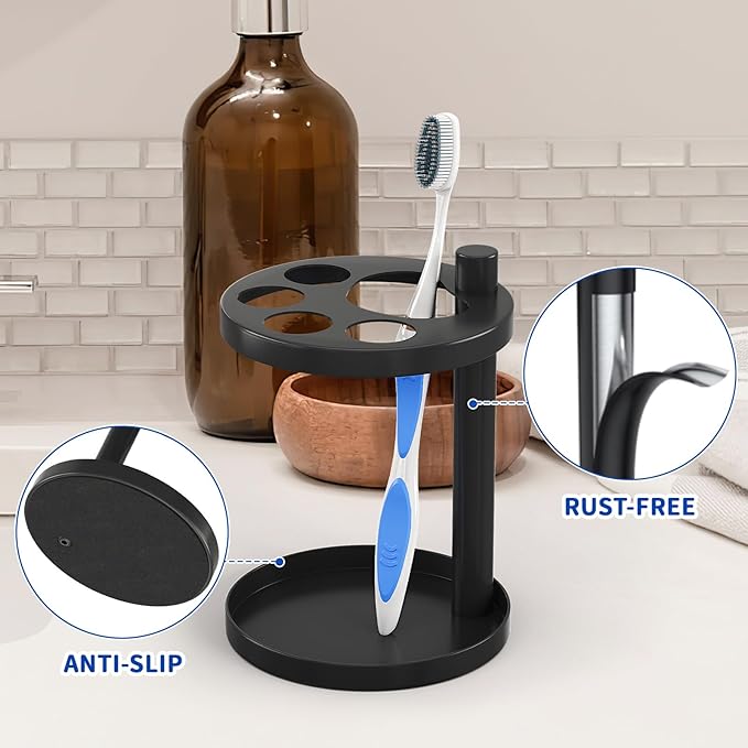 Toothbrush Holder Stand for Bathroom, Metal Stainless Steel Ventilated Organizer with Slots for Toothpaste, Electric Toothpaste,Bathroom Countertop Organizer,Footprint Base Design Black