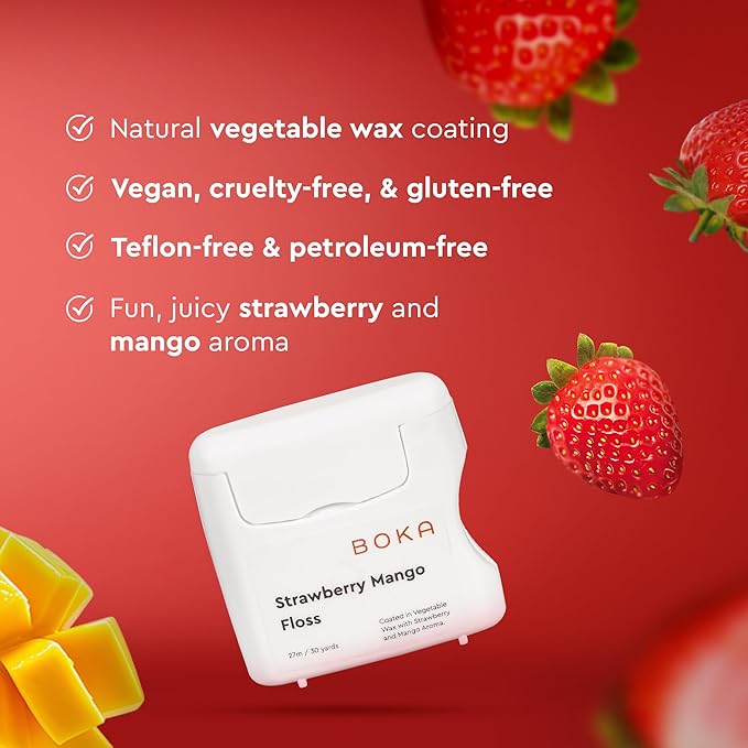 Boka Strawberry Mango Woven Dental Floss, Made from Natural Vegetable Wax, Teflon-Free, 30 Yards of Waxed Floss (Pack of 2)