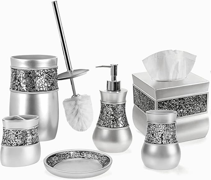 Crackled Glass Silver Bathroom Accessories Set - 6 Piece Bathroom Set Includes: Toilet Brush and Holder Set, Tissue Box Cover, Toothbrush Holder, Soap Dispenser, Soap Dish & Tumbler