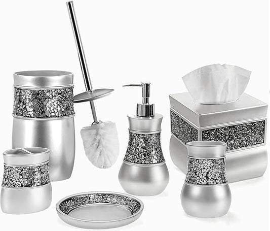 Crackled Glass Silver Bathroom Accessories Set - 6 Piece Bathroom Set Includes: Toilet Brush and Holder Set, Tissue Box Cover, Toothbrush Holder, Soap Dispenser, Soap Dish & Tumbler