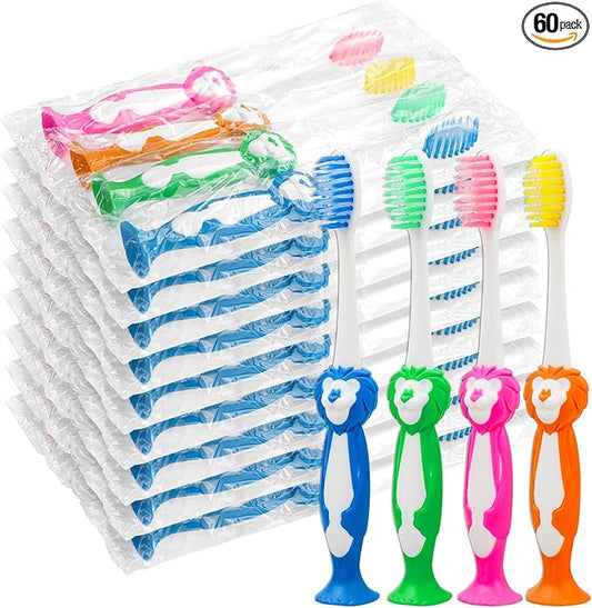 Disposable Toddler Toothbrush Pack of 60, Manual Suction Cup Bulk Toothbrushes Individually Wrapped Animal Toothbrush for Home, School, Camp, Daycare, Travel