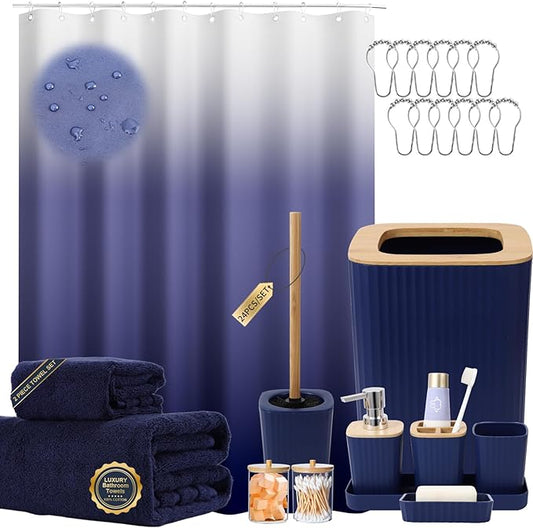 Navy Blue Bathroom Accessories with Bath Towels Ombre Shower Curtain, Blue Bathroom Setwith Trash Can,Toothbrush Holder,Toothbrush Cup,Soap Dispenser,Soap Dish,Toilet Brush and Qtip Holders