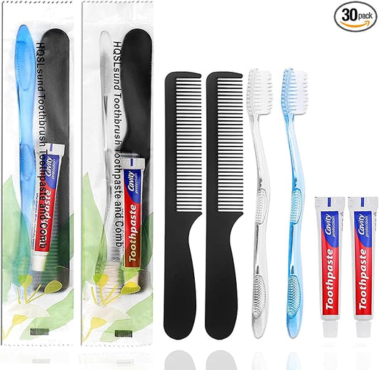 30 Pack Disposable Toothbrushes with Toothpaste and Comb for Homeless Individually Wrapped,10g Travel Toothpaste,7inch Black Hair Comb,Soft Bristle Toothbrush for Hotel,AirBnb,Shelter,Charity