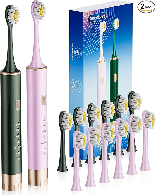Sonic 2 Pack Electric Toothbrush for Adults and Kids, Travel Toothbrush Includes 12 Replacement Toothbrush Heads, 6 Modes with 2 MIN Smart Timer (Purple, Green)
