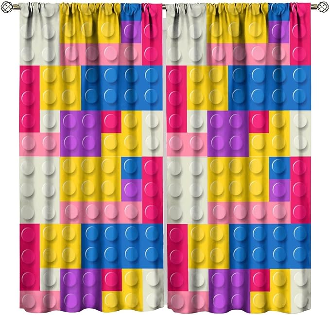 Kids Building Blocks Toy Curtains Children's Room Abstract Outline Colorful Plastic Toys Geometric Bricks Print Curtains for Boys Girls Nursery Curtains 52x84 Inches 2 Panels