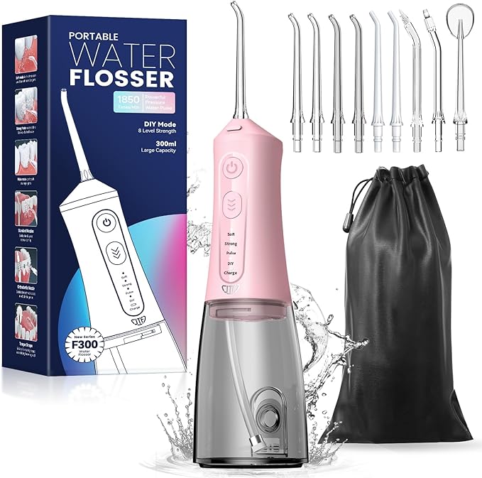 JTF Water Dental Flosser Picks for Teeth - 4 Modes Cordless Oral Irrigator, 300ML Portable Water Flosser & Rechargeable IPX7 Waterproof Water Teeth Cleaner for Home Travel with 9 Jet Tips (Pink)
