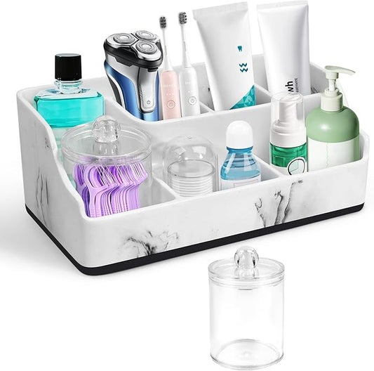 Marble Toothbrush Holder for Bathroom Organizer Countertop, Toothbrush Organizer with Qtip Holder Dispenser, White Toothbrush and Toothpaste Holder for Bathroom Counter Organization Storage Vanity