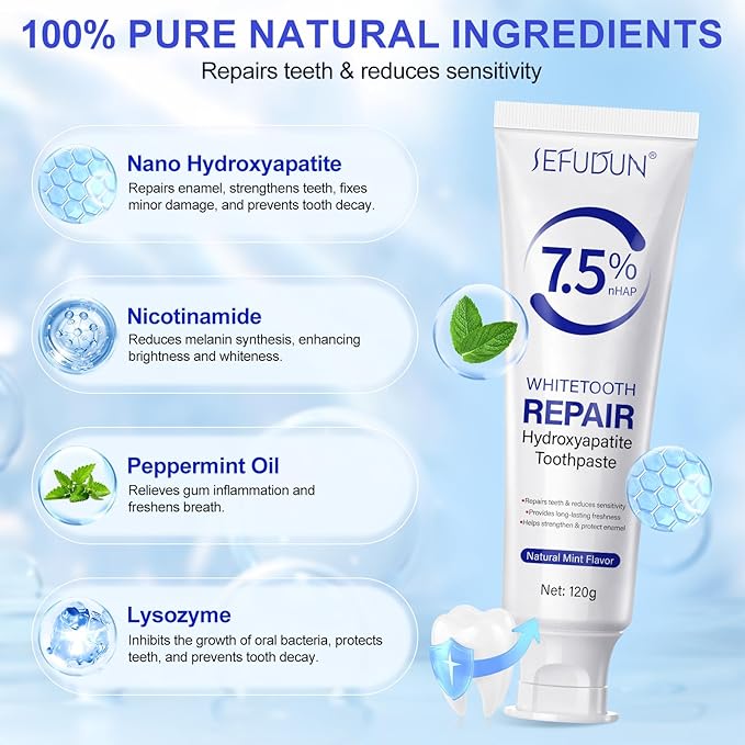 Hydroxyapatite Toothpaste 7.5%, 2 Pack Nano Hydroxyapatite Toothpaste for Enamel Protection, Tooth Strengthening, Fresh Mint,Daily Use for Sensitive Teeth and Oral Health Support