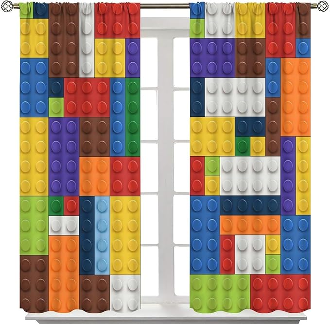 Kids Boy Curtain Blocks Toy Abstract Outline Colorful Geometric Brick Print Curtain for Boys Girls Nursery Room Curtains 42x63 Inch 2 Panels(Decor Curtains