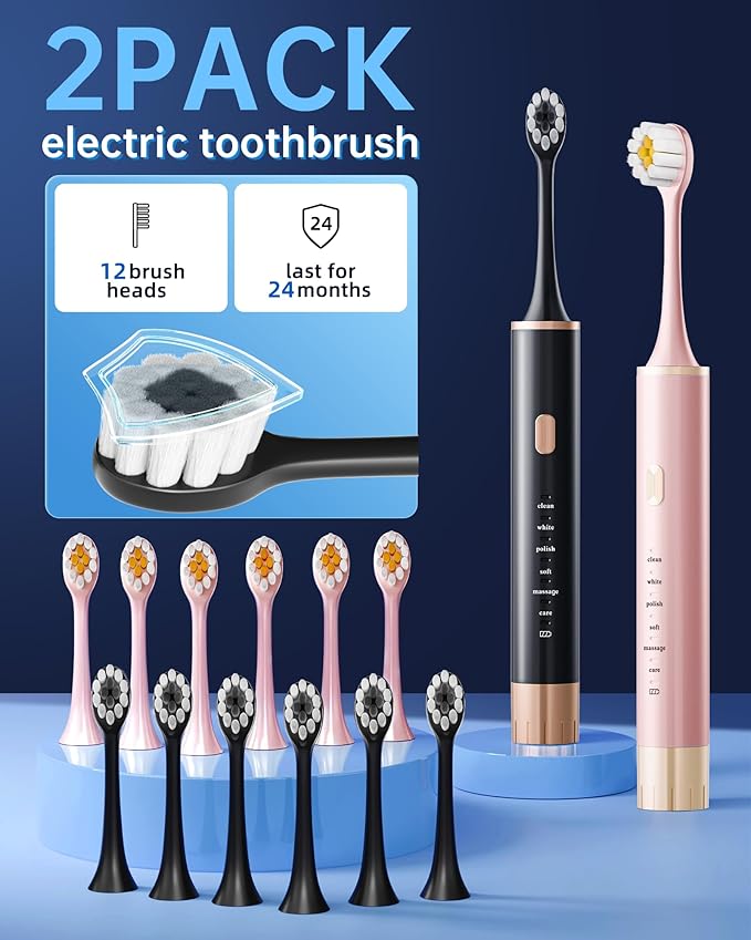 Black & Pink Electric Toothbrush for Adults, 2 Pack Toothbrush，USB Rechargeable Sonic Toothbrush with 12 Brush Heads, Smart Timer, 6 Modes, 2-Hour Fast Charge Last 30 Days