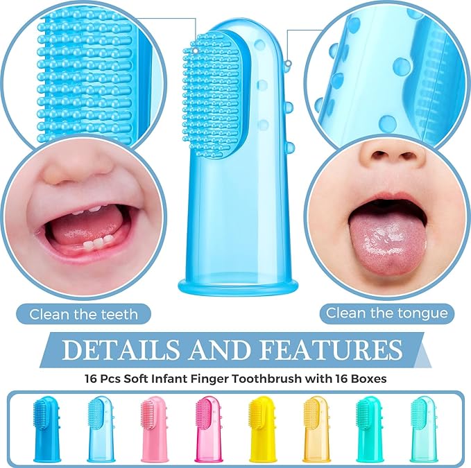 Zopeal 16 Sets Baby Finger Toothbrush for Toddler Kids with Boxes Travel Storage Case Silicone Soft Finger Toothbrush for Infant Newborns Lids Training Healthy Oral Habits Teething Cleaning Massaging