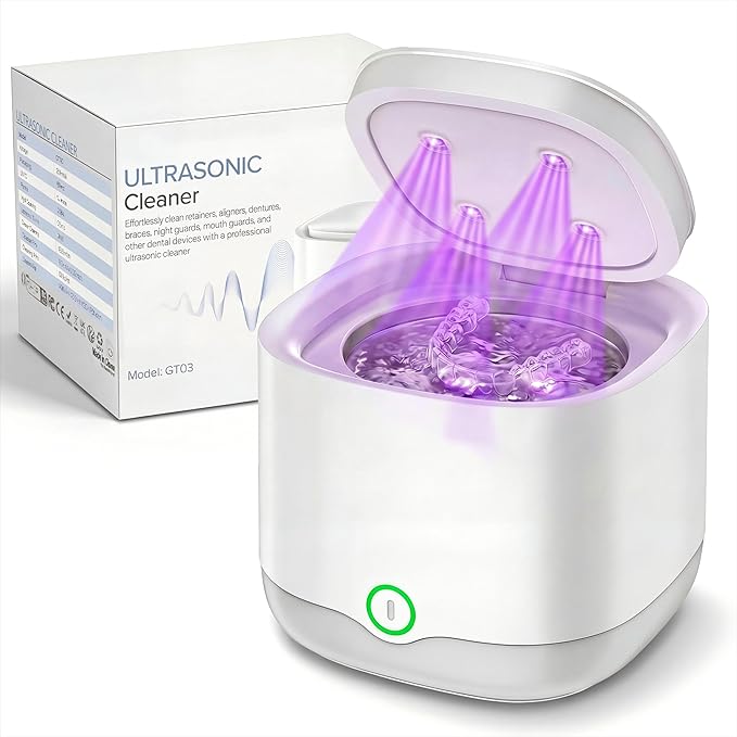 Ultrasonic Retainer Cleaner with 4 UVC Light, Jinyeda 45kHz Rechargeable Retainer Cleaner Machine 24W, 4000mAh Battery, 200ML Dental Cleaning Pod 3 Mode for Mouth Guard Aligners Denture