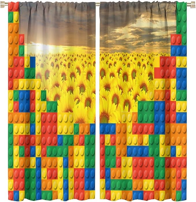 Colorful Building Blocks Sunflower Flower 3D Toy Printed Curtains, Building Blocks, Floral Sunflower Curtains, Interesting Brick 3D Design, Boys and Girls Room Curtain Panels, 2 Panels 63x72in