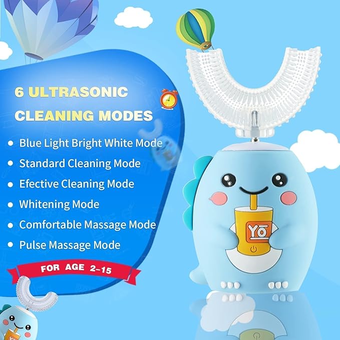 Kids U Shaped Electric Toothbrush，auto Sonic Baby Toothbrush，Cartoon Dinosaur 360-Degree Cleaning IPX7 Waterproof Design（8-15y）